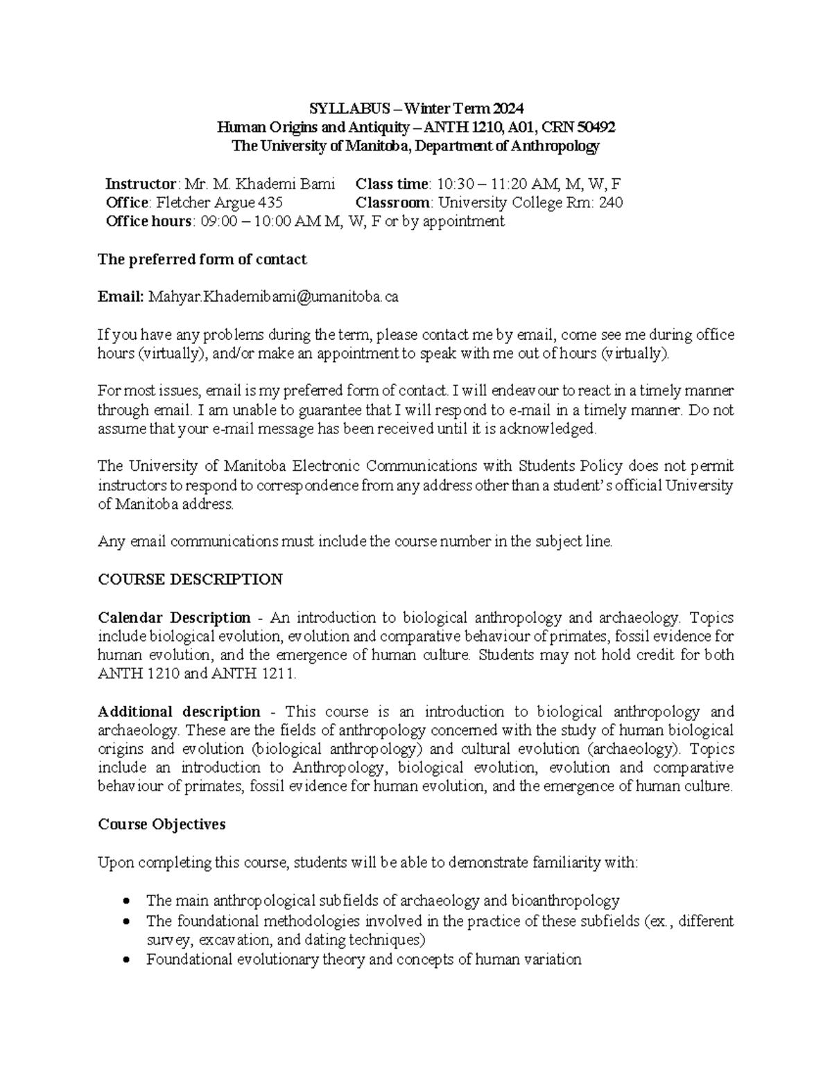 ANTH 1210 Syllabus Winter 2024 - Human Origins & Antiquity - Studocu