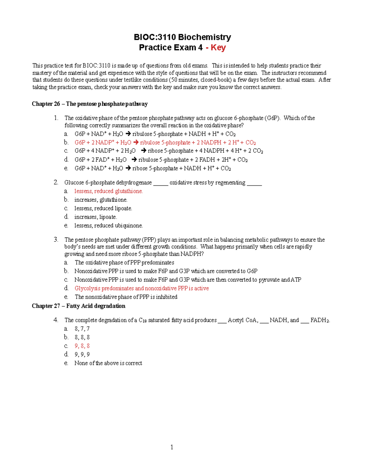 BIOC:3110 Biochemistry Practice Exam 4 Answer Key - Studocu