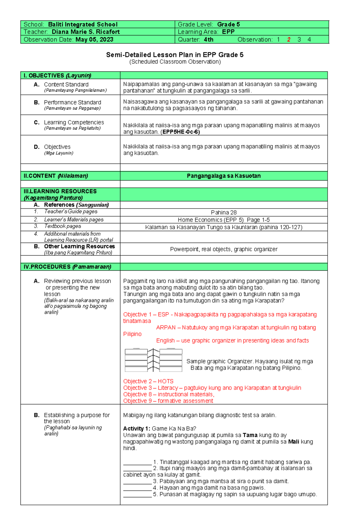 Semi-Detailed Lesson Plan for EPP Grade 5 (COT-2-DLP-Q4-EPP5) - Studocu