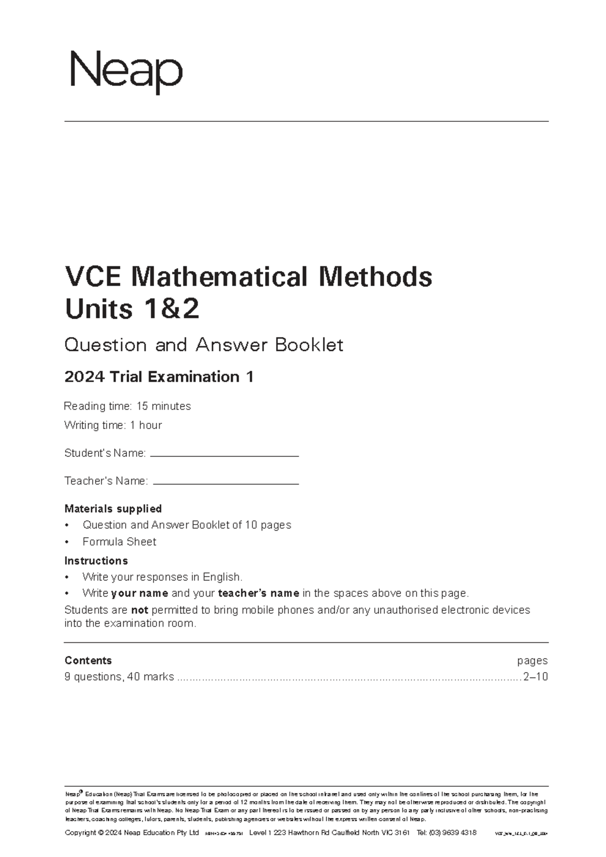 VCE Mathematical Methods Units 1&2 Trial Exam 1 Q&A Booklet 2024 - Studocu