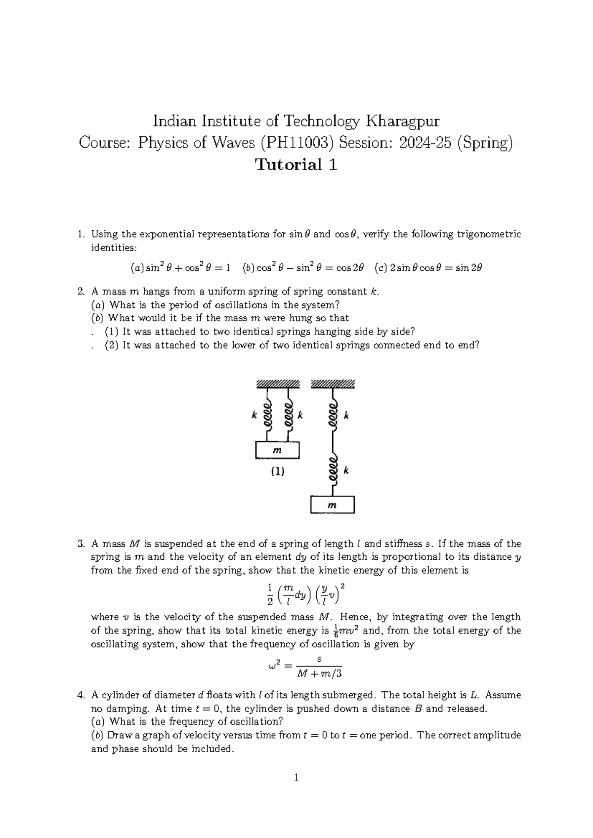 Tutorial 1 - Physics of Waves (PH11003) Concepts and Problems - Studocu