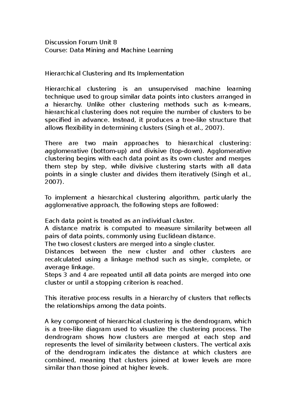 Unit 8 Discussion Forum: Hierarchical Clustering in Data Mining - Studocu