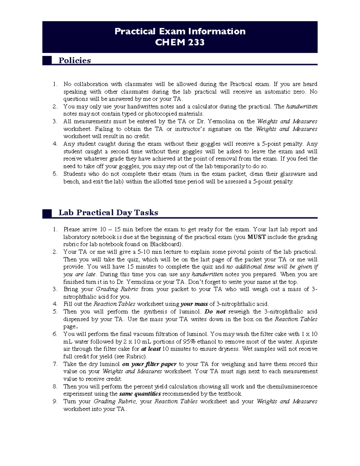 CHEM 233 Lab Practical Exam Guidelines and Policies - Studocu