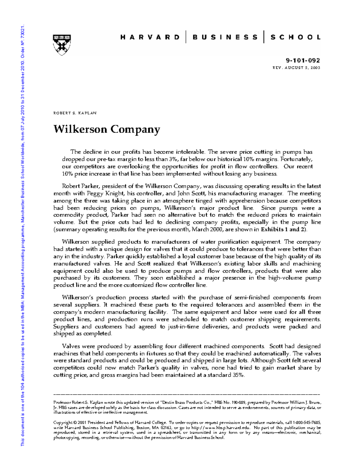 Wilkerson Company HBS Case Study: Costing Analysis for MBA Program ...
