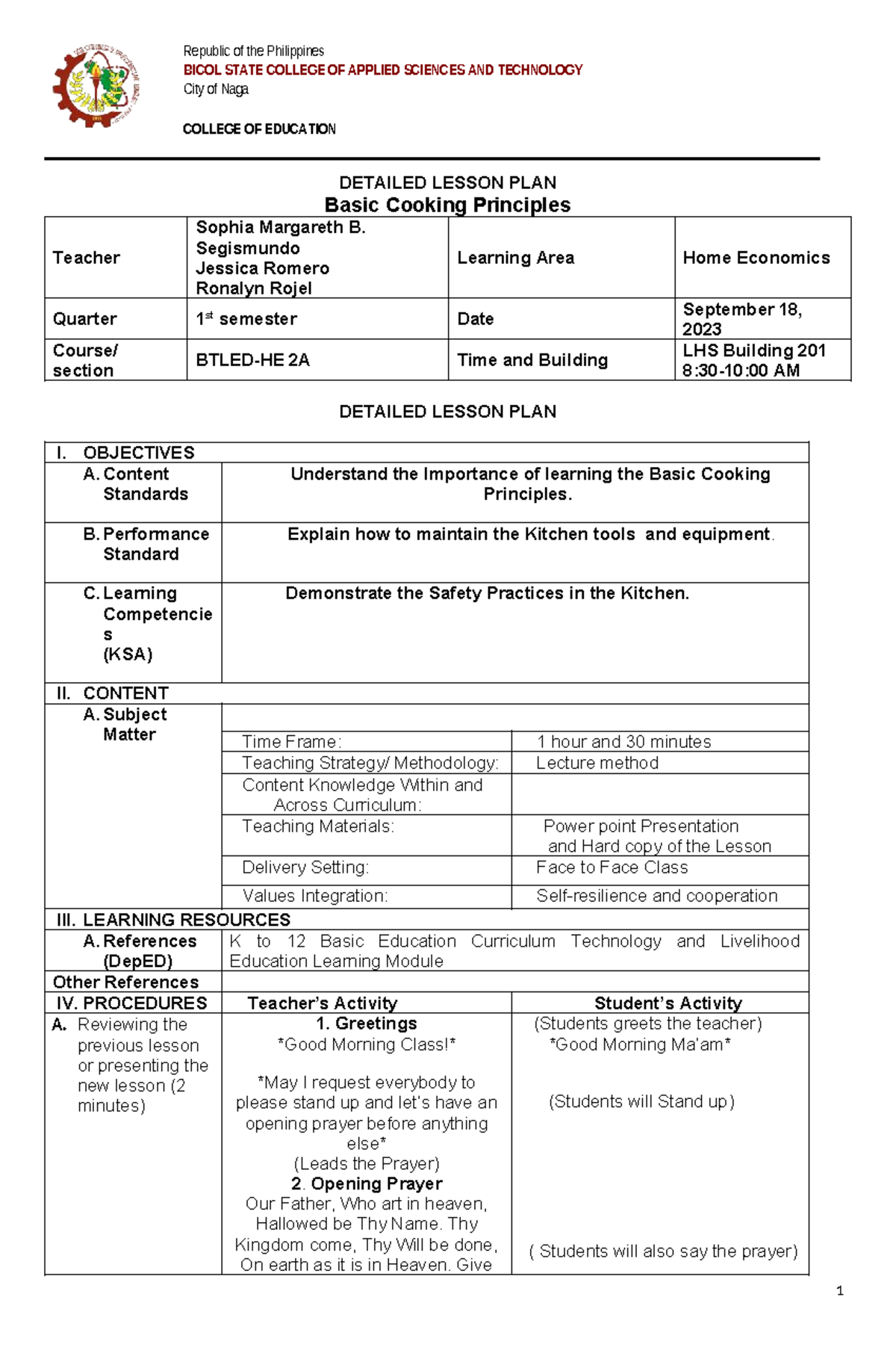 Detailed Lesson Plan: Basic Cooking Principles (HE 101) - Studocu