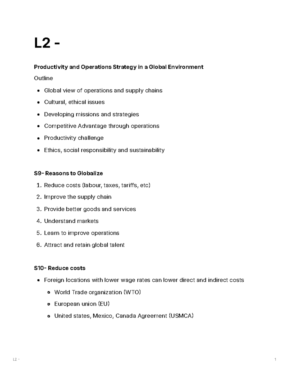 L2 GMS 401 - Notes - L2 - Productivity and Operations Strategy in a ...