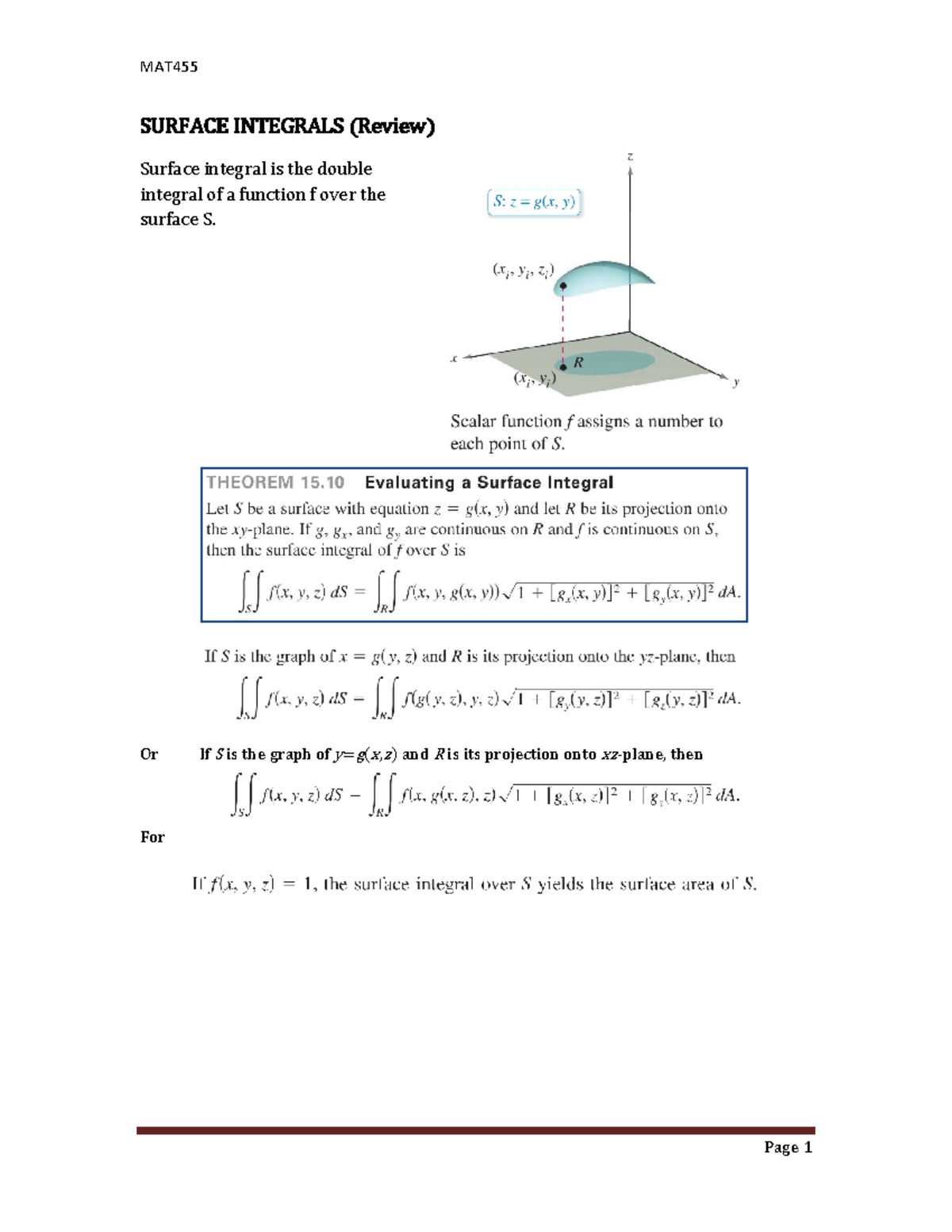 MAT455 SURFACE INTEGRALS & FLUX THEOREM NOTES - Studocu