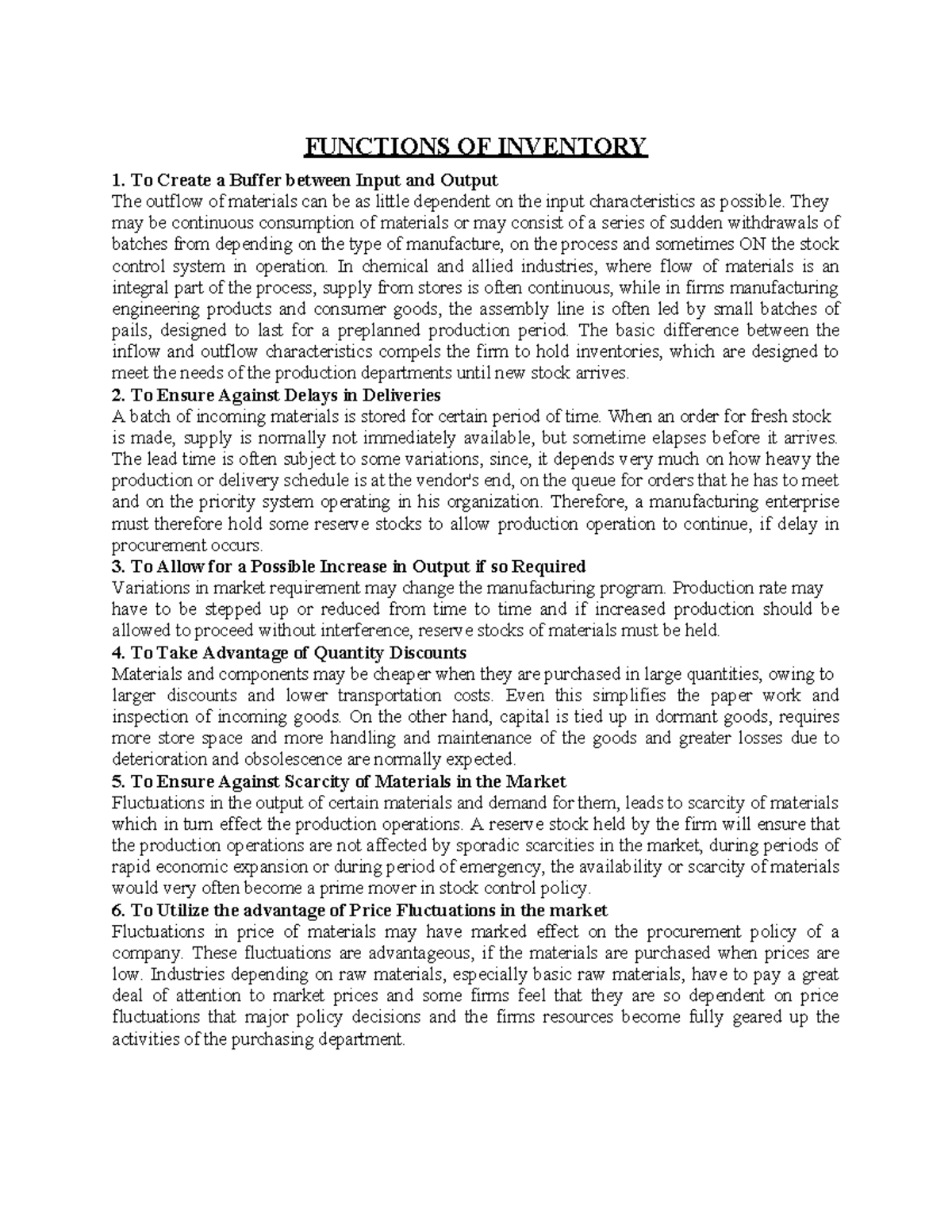 Functions of Inventory: Key Concepts and Cost Analysis (Unit-3) - Studocu