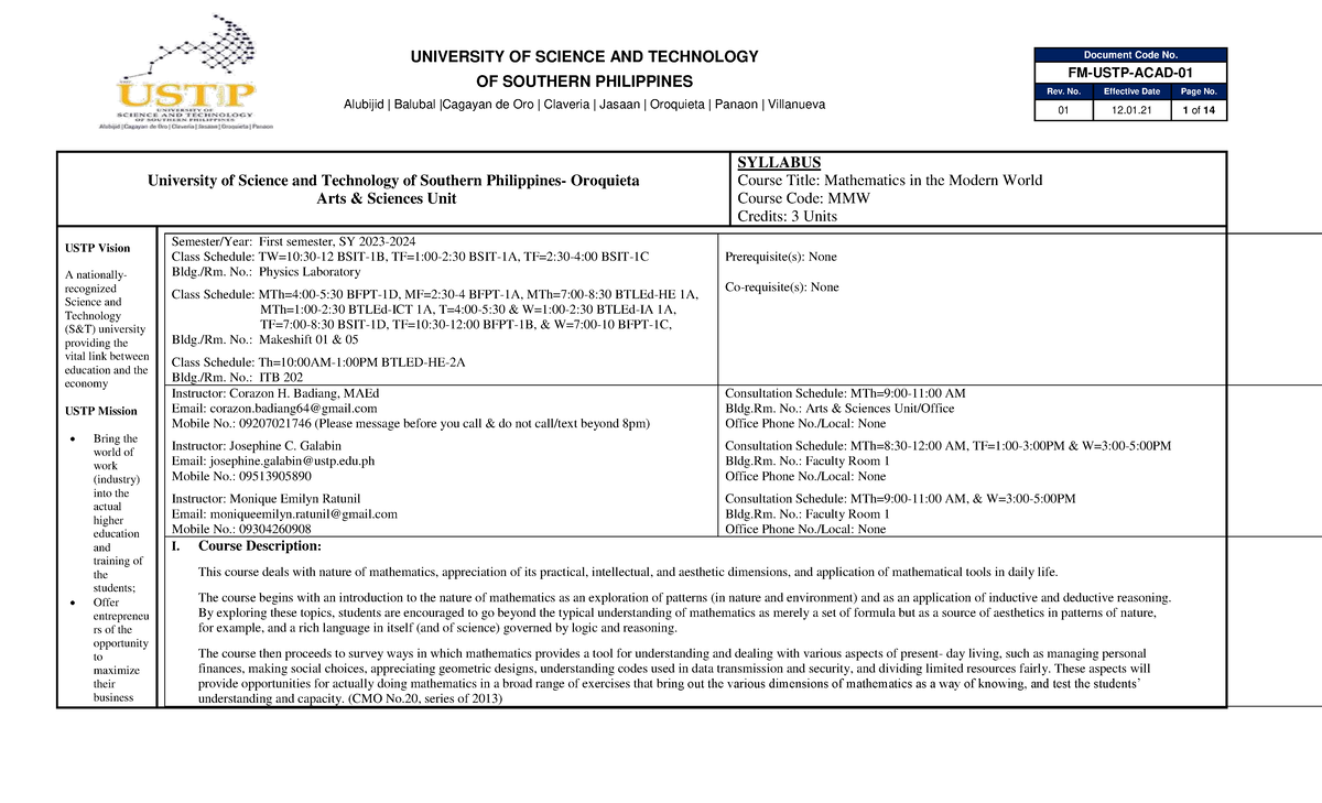 Syllabus for MMW 2023-2024: Mathematics in the Modern World Course ...