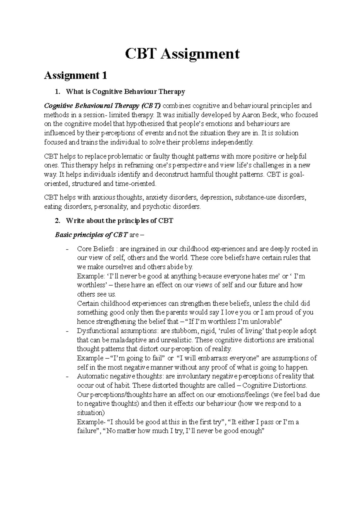 CBT Assignment - Understanding Cognitive Behavioral Therapy Principles ...