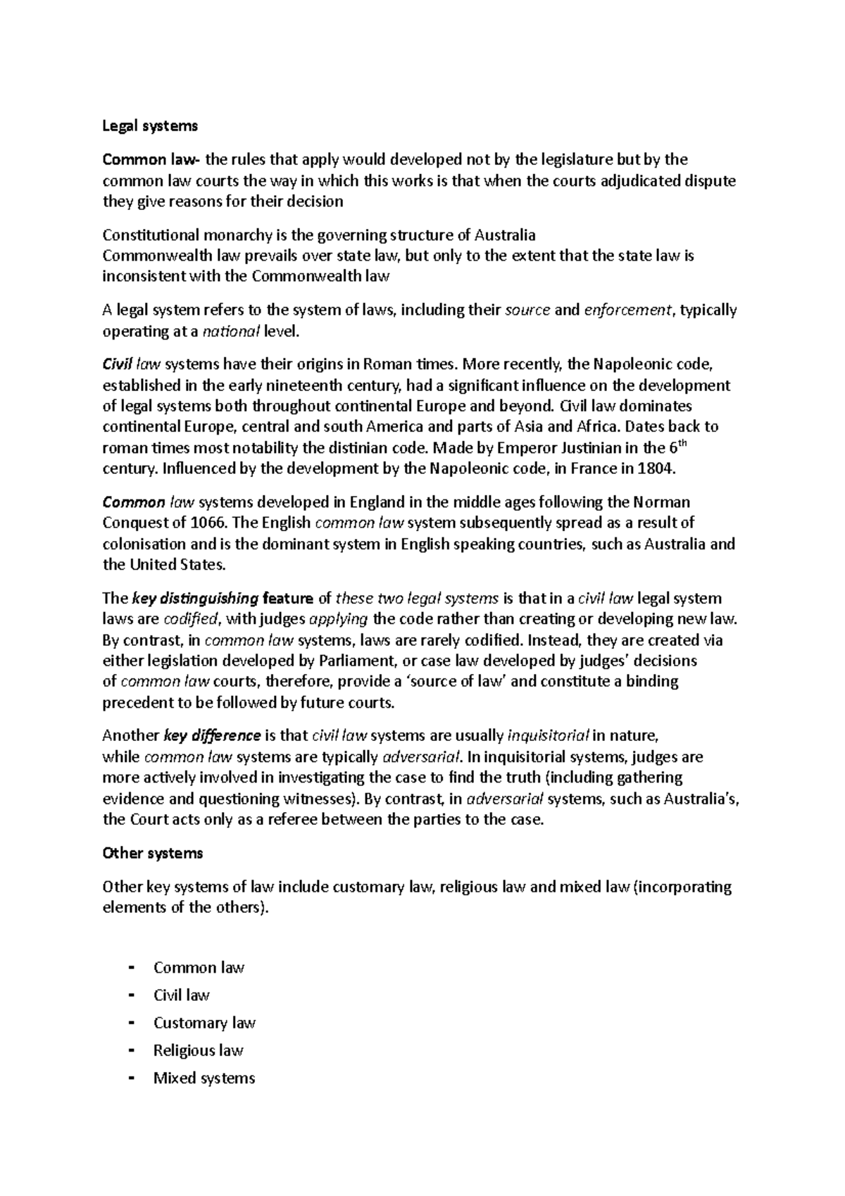 Notes for semester 1 - Legal systems Common law- the rules that apply ...