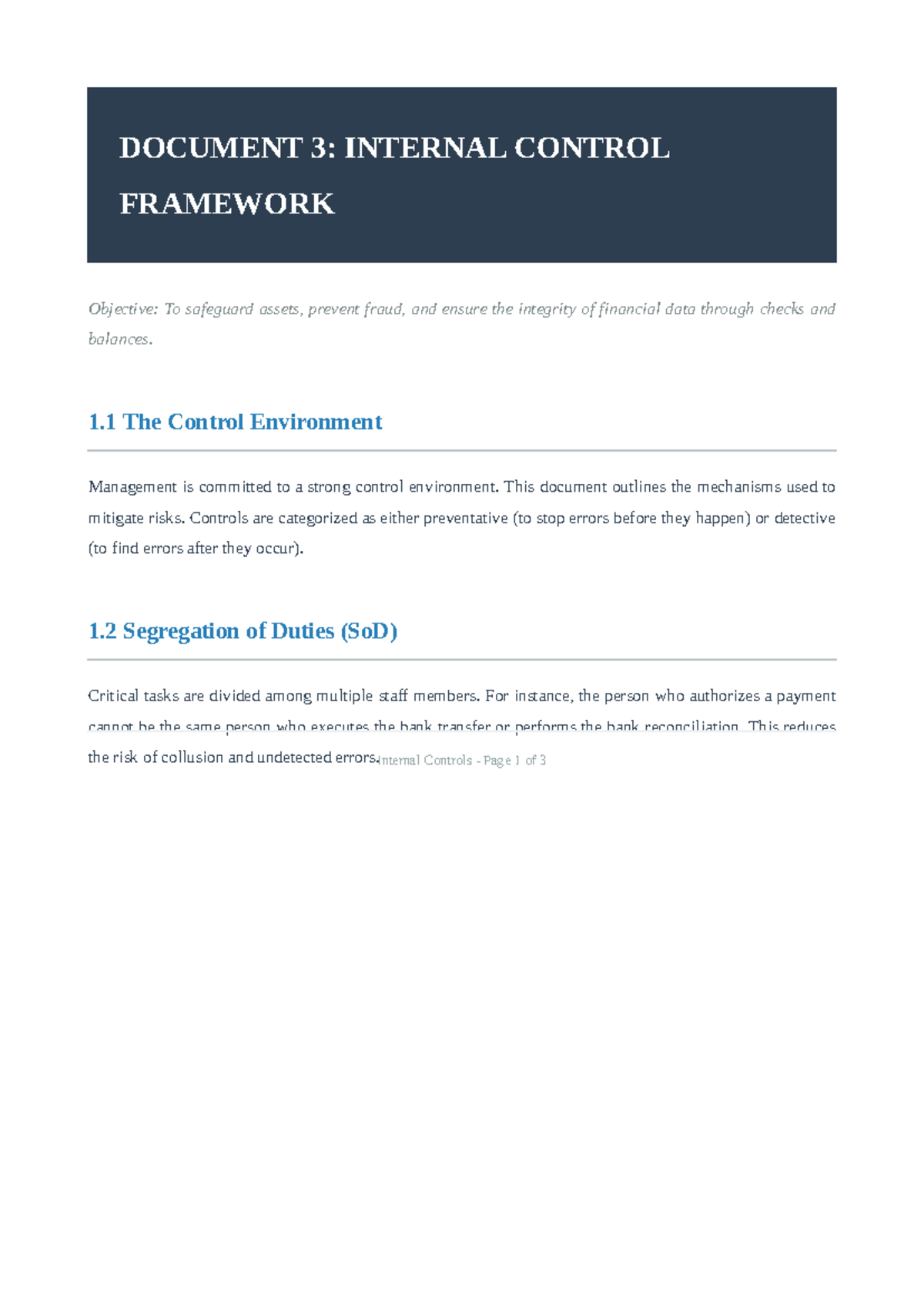 INTERNAL CONTROL FRAMEWORK: Safeguarding Assets & Data Integrity - Studocu