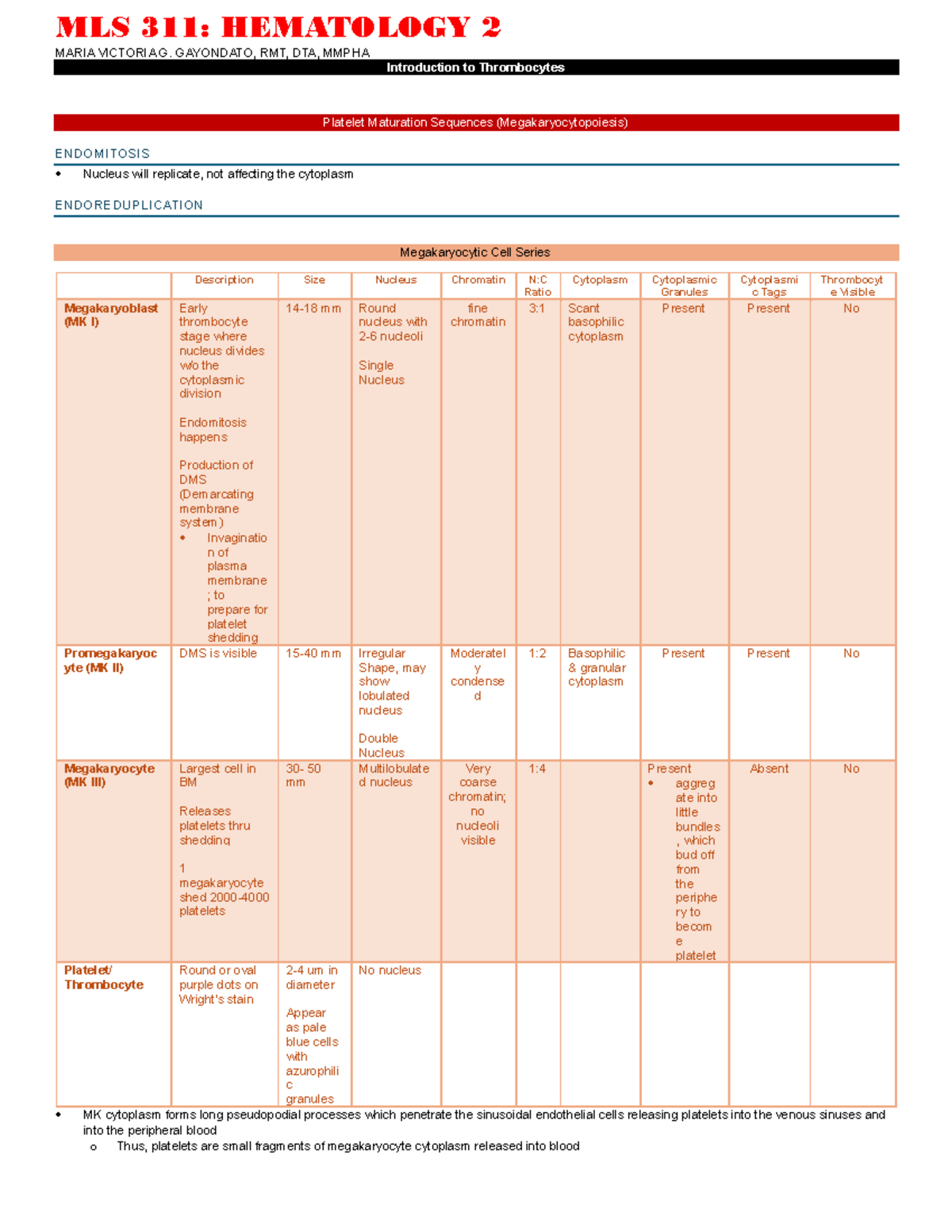 MLS 311: HEMATOLOGY 2 - Thrombocyte Maturation & Hemostasis Notes - Studocu
