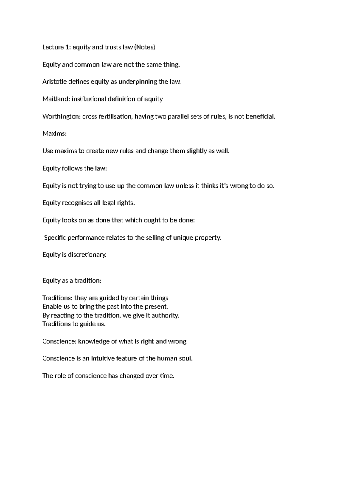 Lecture 1: Equity and Trusts Law Notes - Key Concepts and Maxims - Studocu