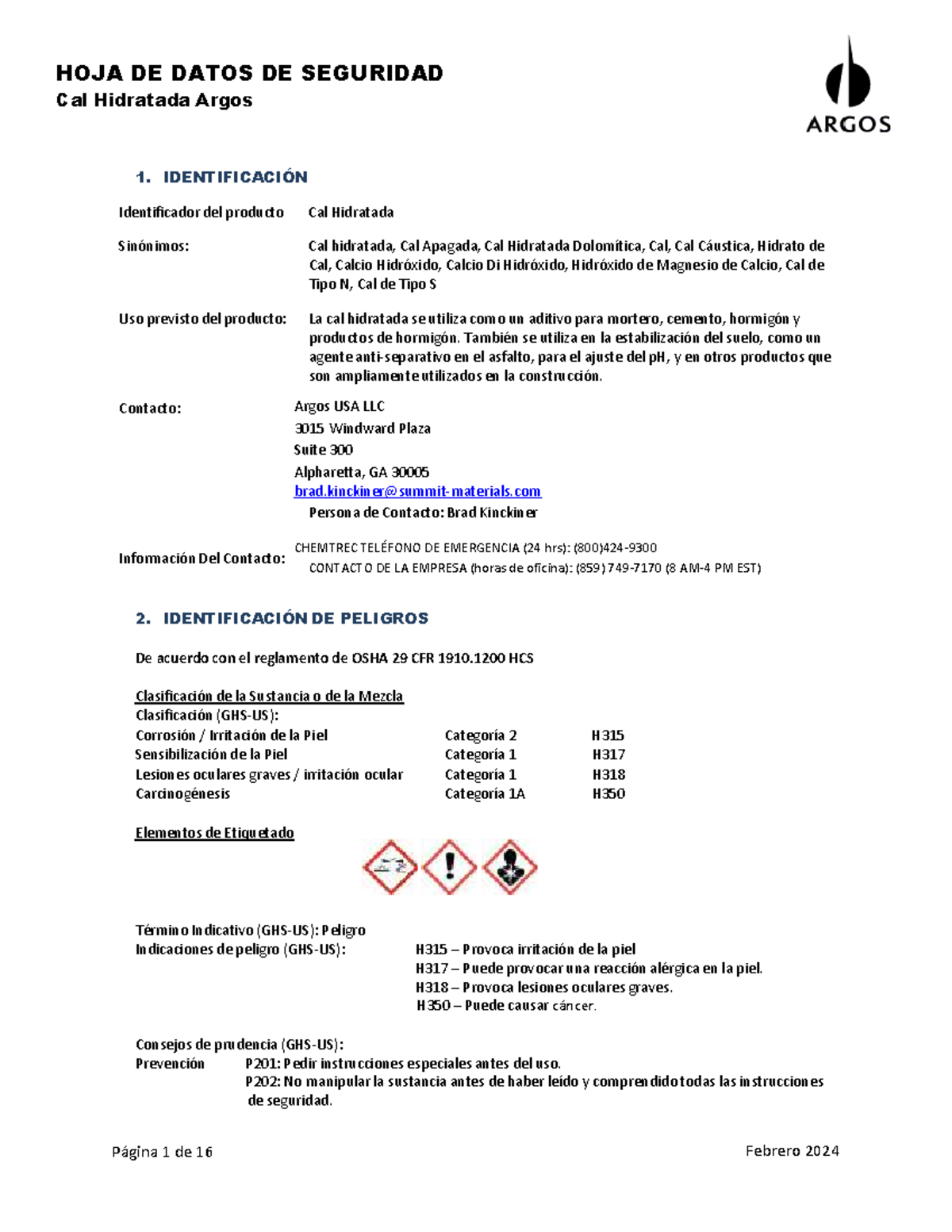 Hoja de Datos de Seguridad: Cal Hidratada Argos - CDCSS - Document Preview