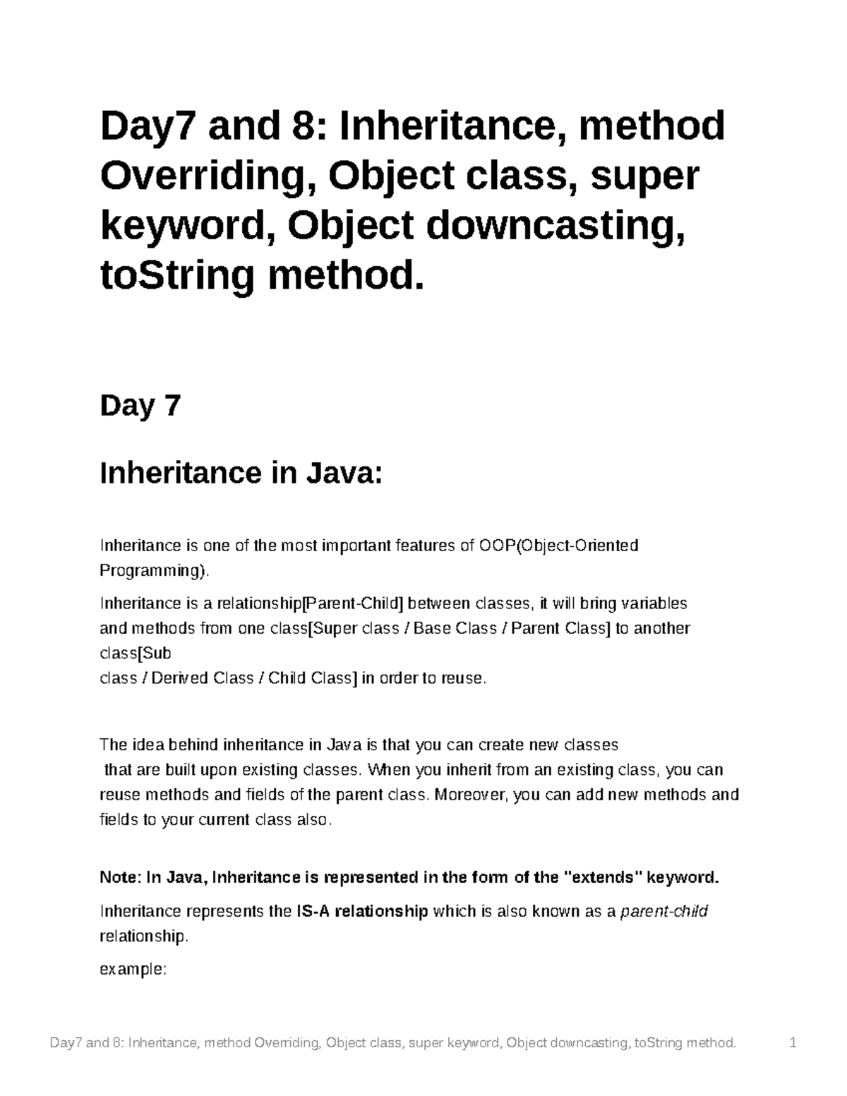 Day7 and 8 Inheritance method Overriding Object class super keyword ...
