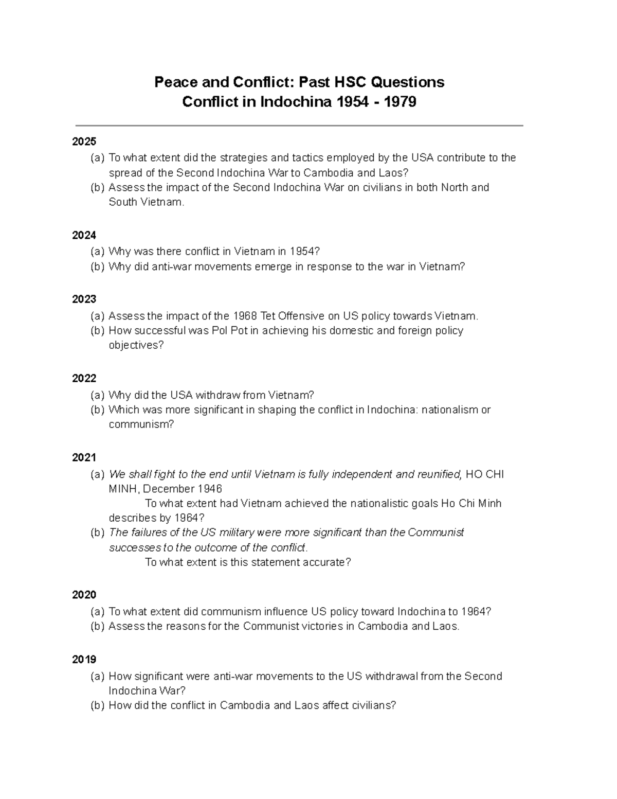 HSC Study: Past Exam Questions on Indochina (1954-1979) - Studocu