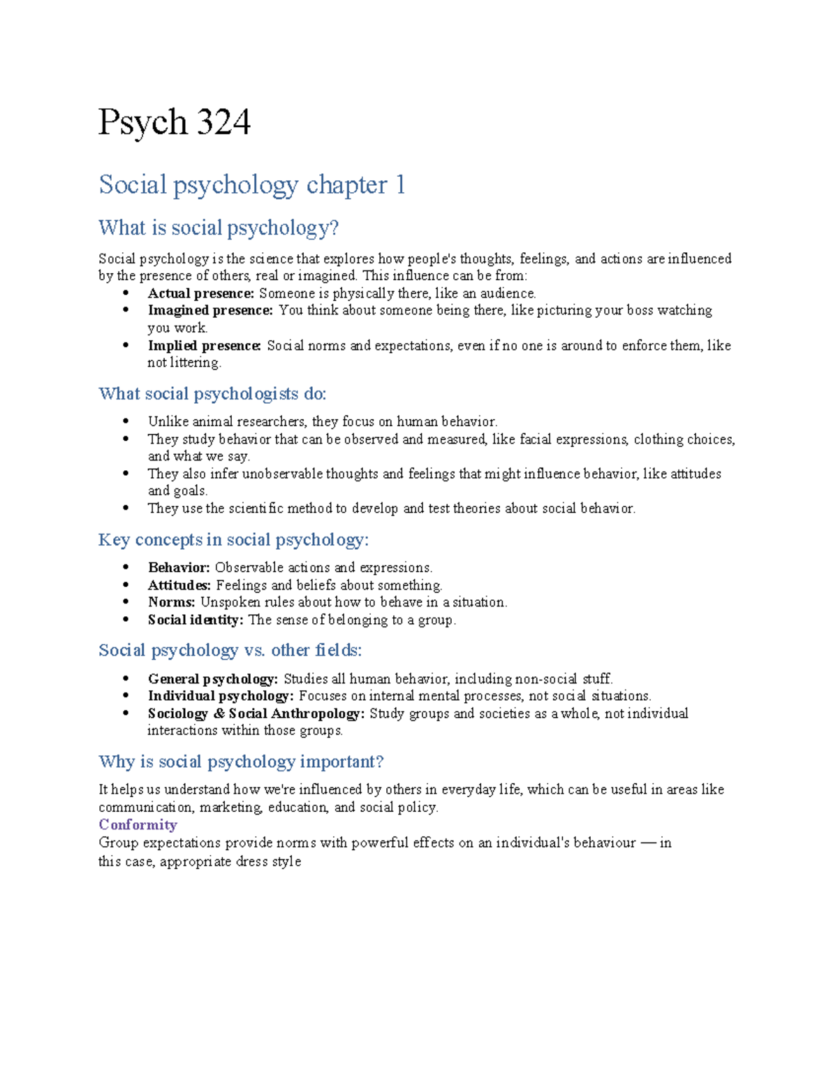 Psych 324 Social Psychology Notes: Chapter 1 Overview - Studocu