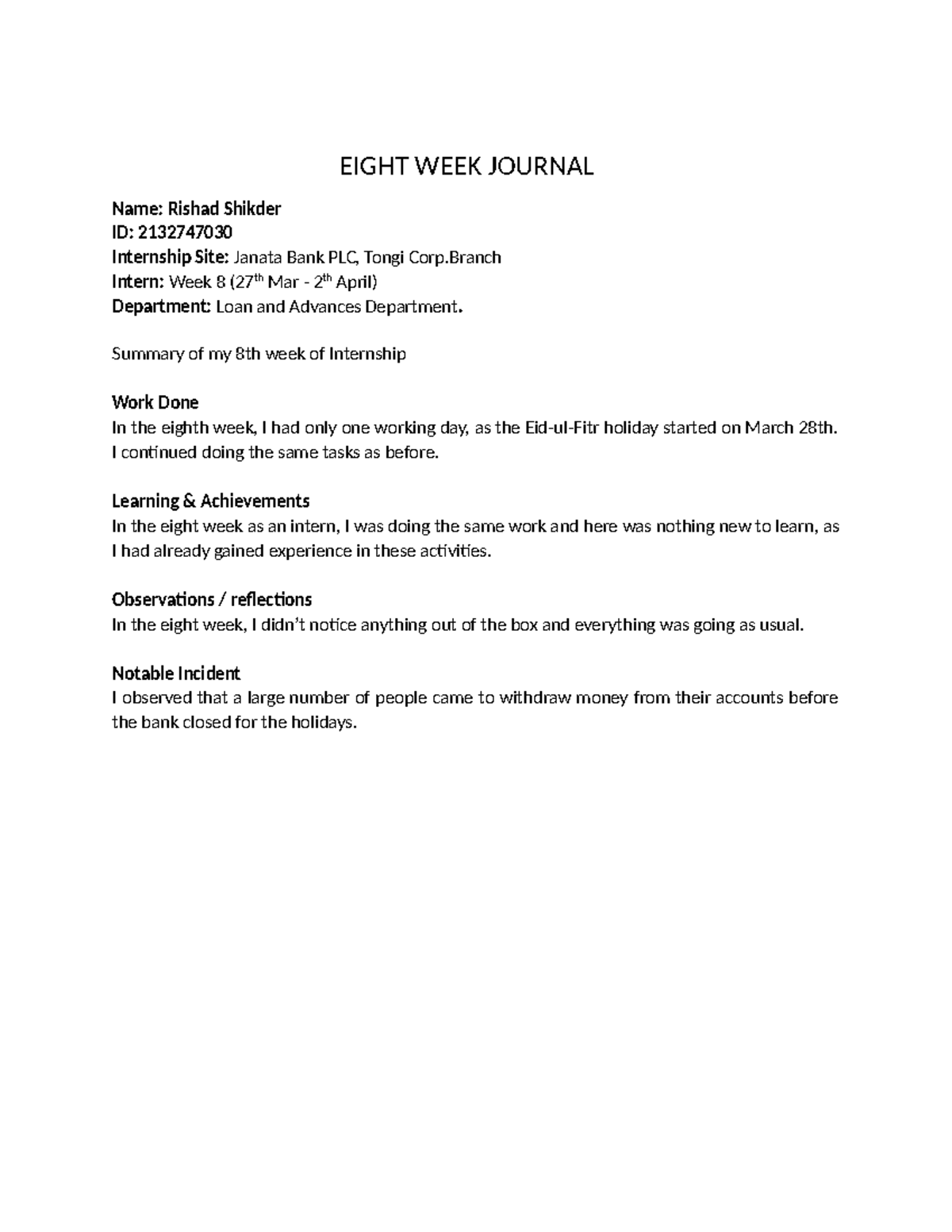 EIGHT WEEK INTERNSHIP JOURNAL - Janata Bank PLC - Studocu
