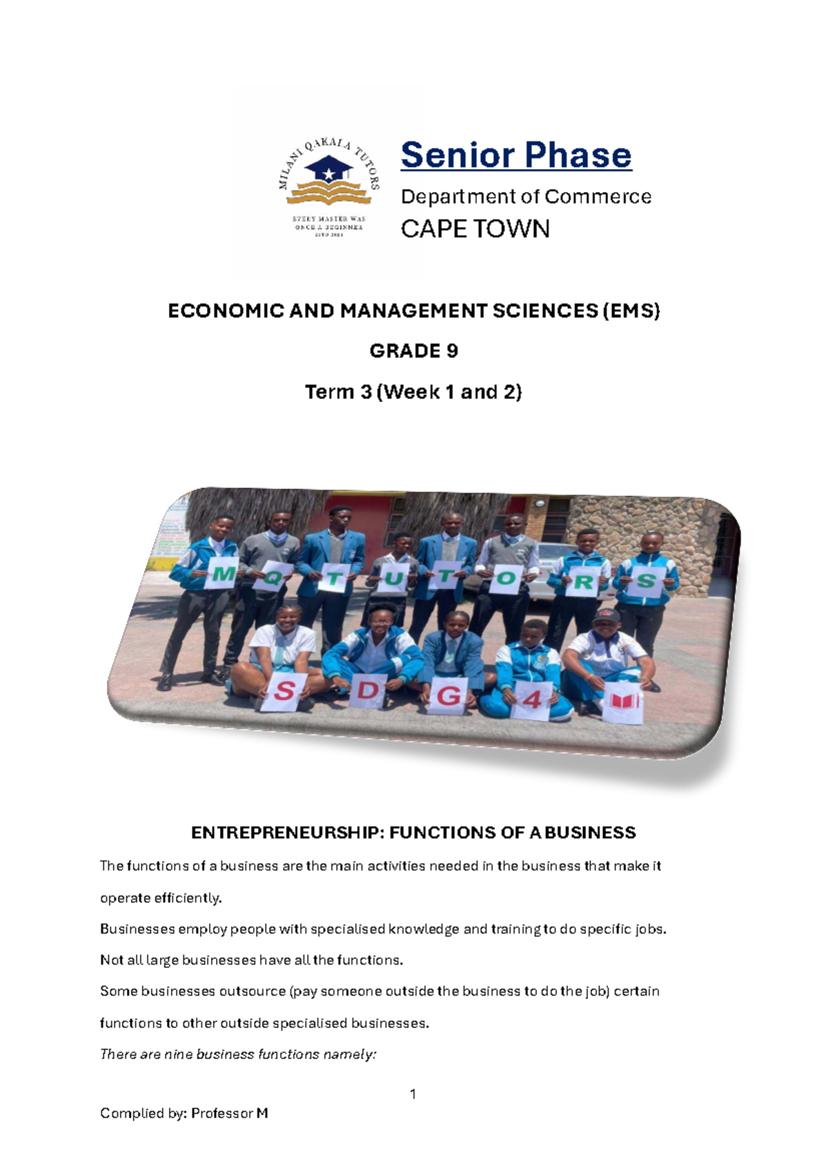 Grd 9 EMS Term 3: Functions of a Business (Weeks 1 & 2) - Studocu
