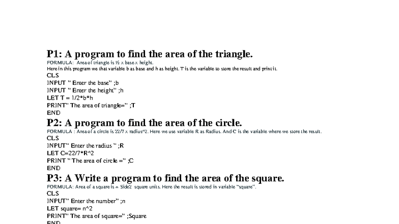 Practical - 3rd Year: Area & Volume Calculations in Programming - Studocu