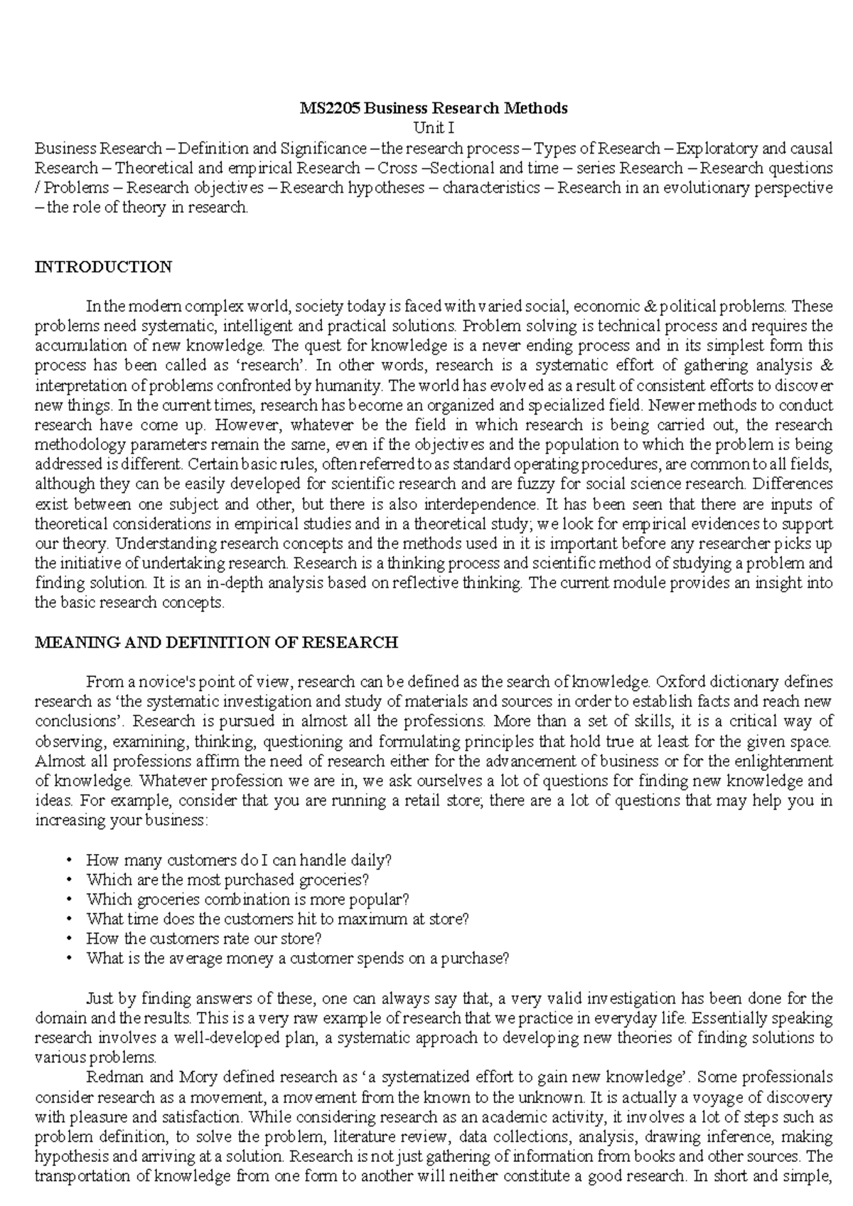 Unit I BRM - 2nd sem unit 1 BRM notes - MS2205 Business Research ...
