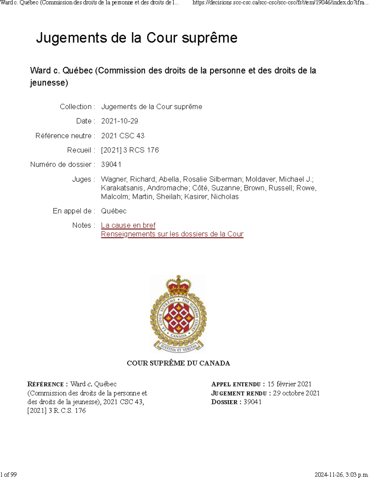 Jugement Final CSC : Ward c. Québec (Droits de la personne) 2021-43 ...