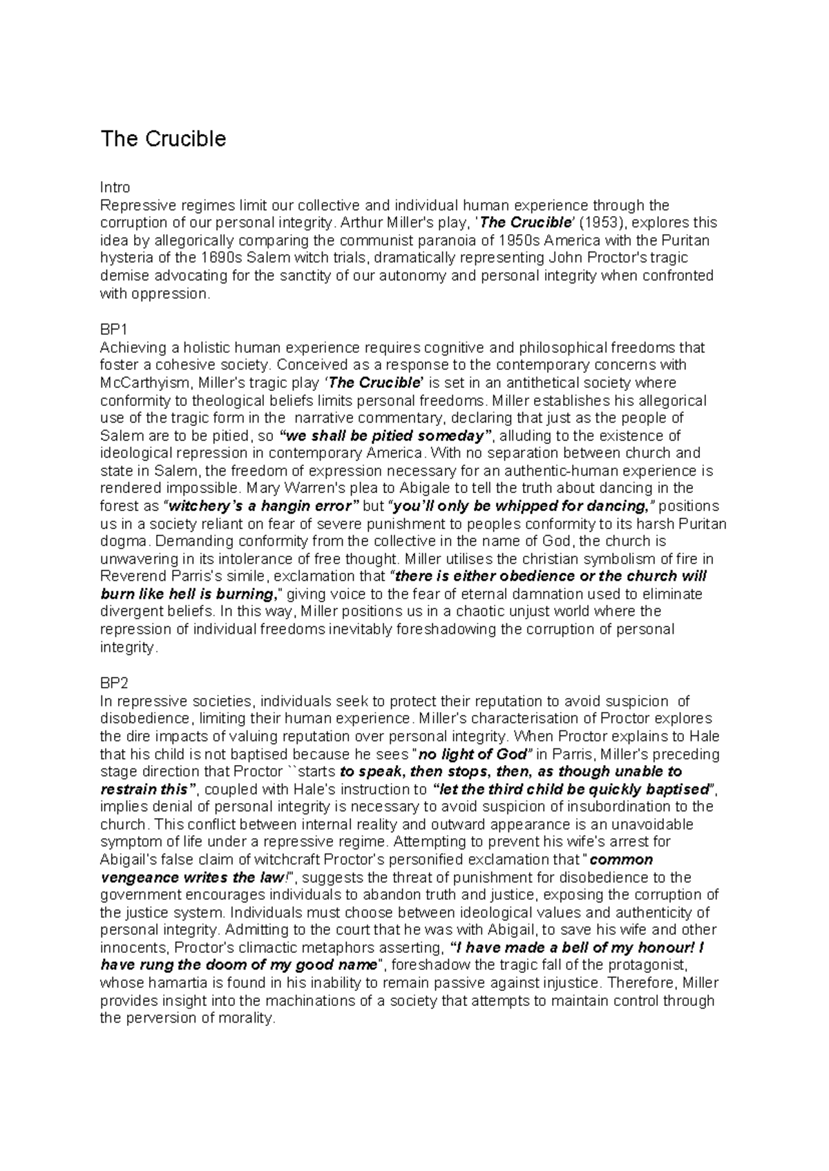 The Crucible (ENG 101) - Essay on Repression and Integrity in Miller's ...