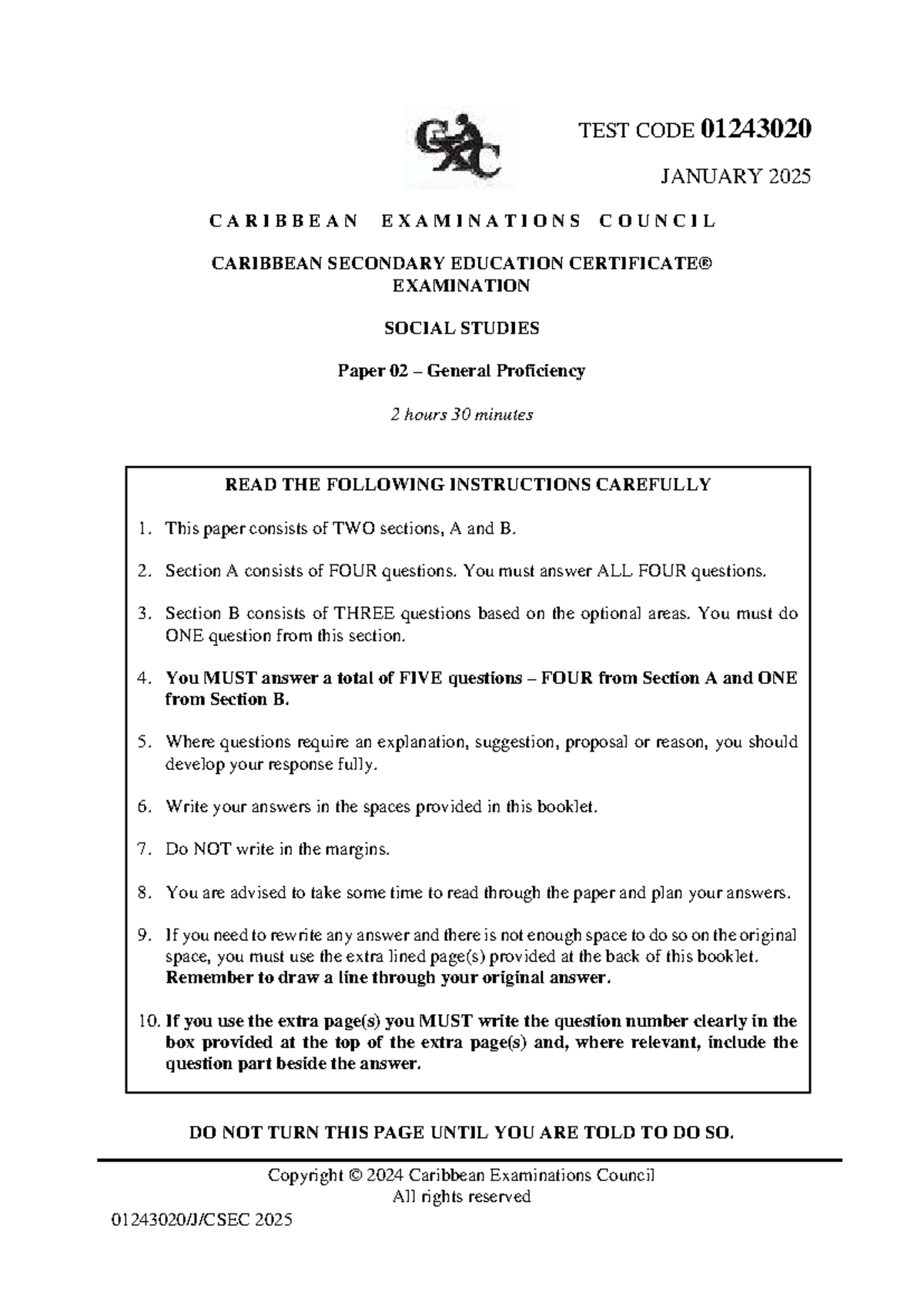 Social Studies - CSEC 01243020 January 2025 Paper 02 Exam Guide - Studocu