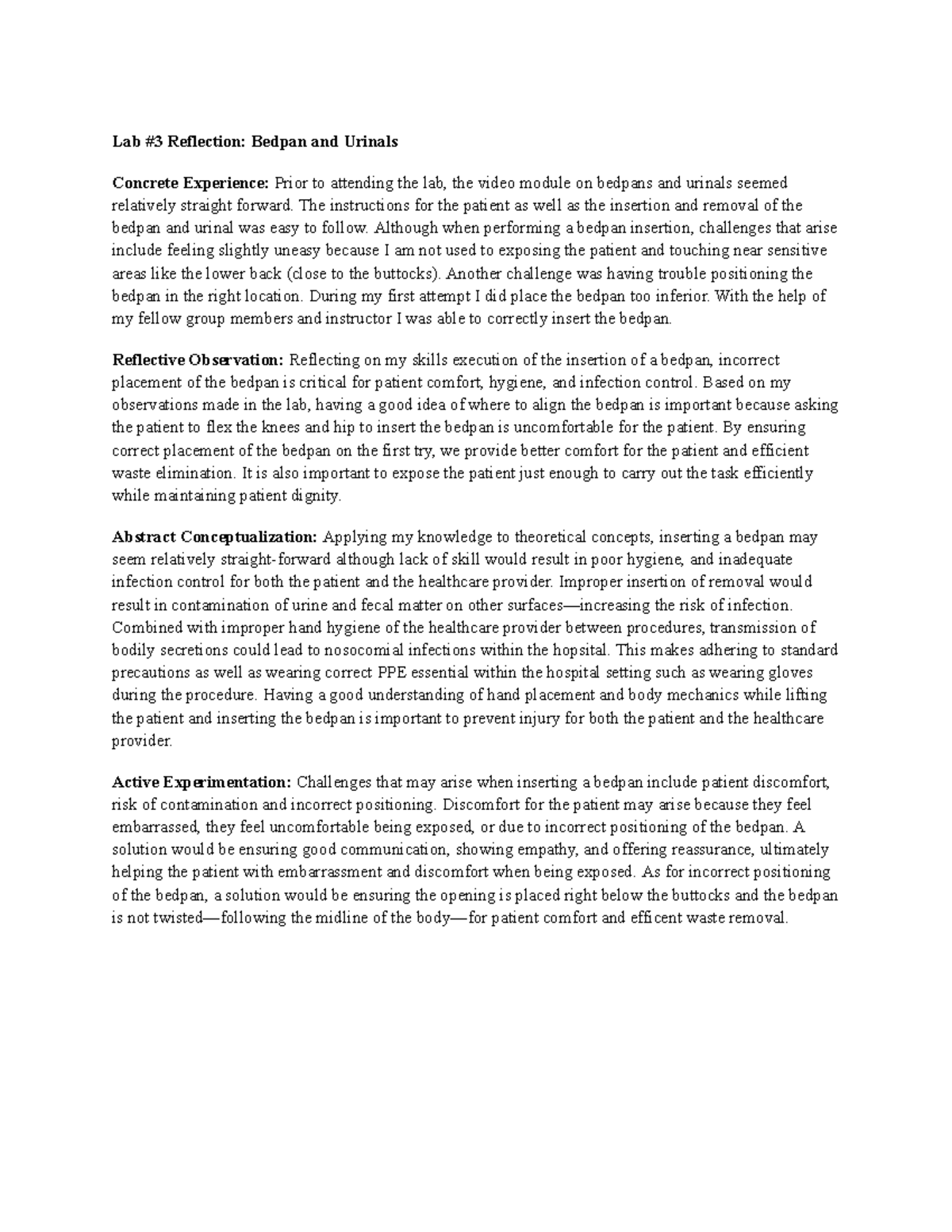 Lab #3 Reflection Bedpan and Urinals - Lab #3 Reflection: Bedpan and ...