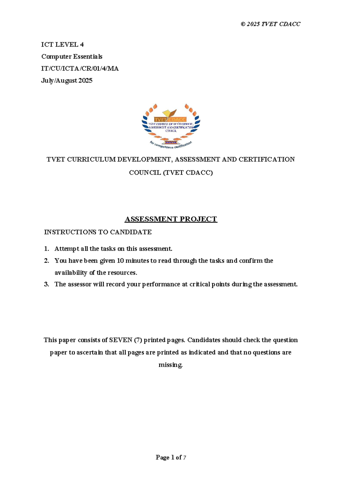 2025 TVET CDACC ICT LEVEL 4 Computer Essentials Assessment Guide - Studocu