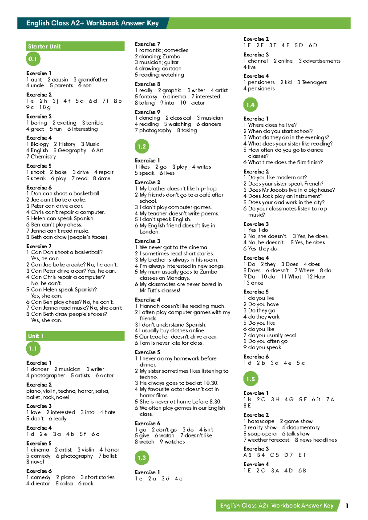English Class A2+ Workbook Answer Key: Unit 1 to Unit 9 Solutions - Studocu