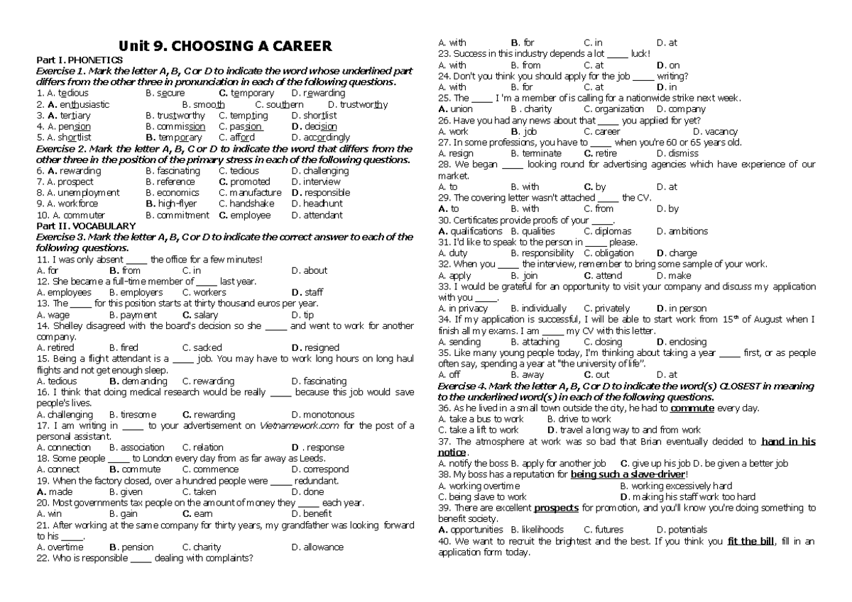 UNIT 9 (KEY) - practice exercise - Unit 9. CHOOSING A CAREER Part I ...