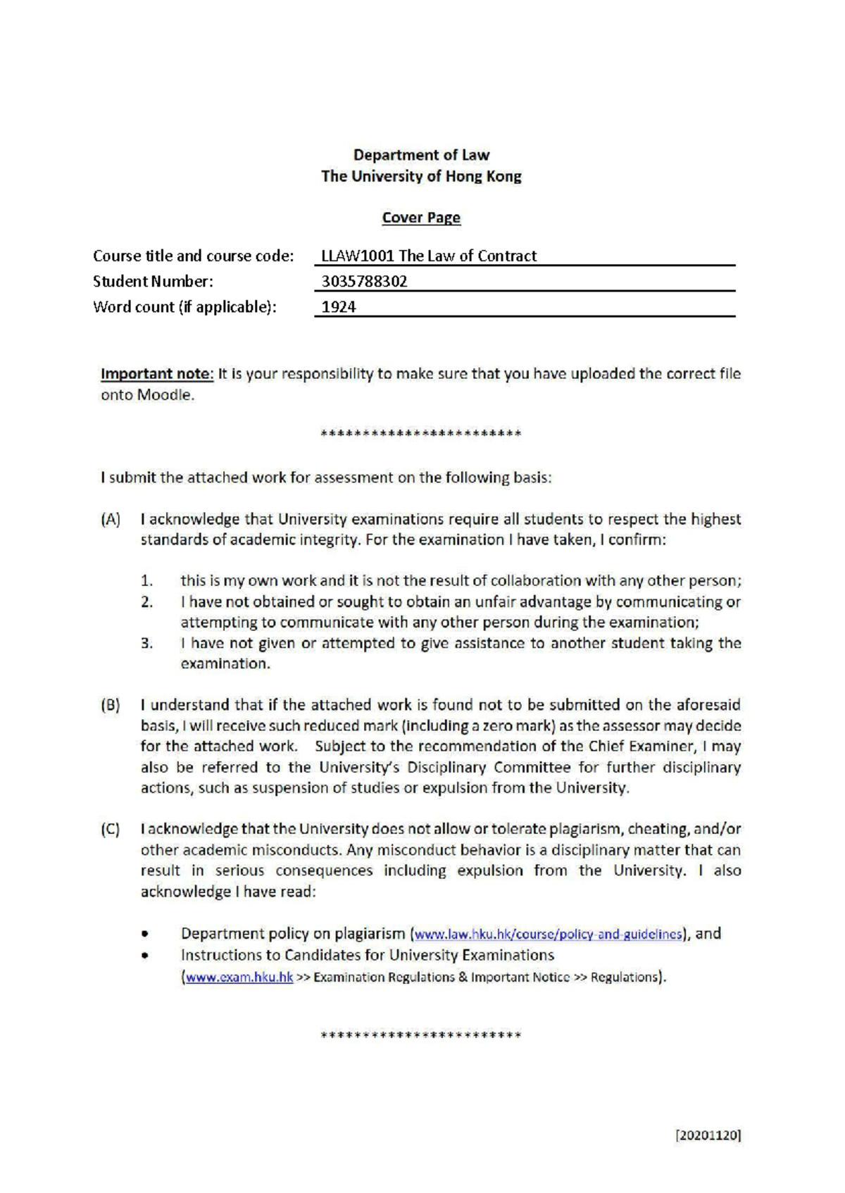LLAW1001 Final Exam - Contract Law Past Paper Analysis - Studocu