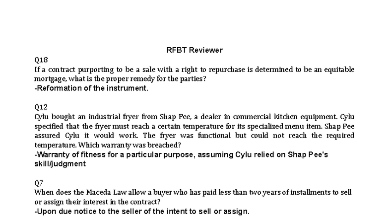 RFBT Final Reviewer: Law on Sales and Remedies - Studocu