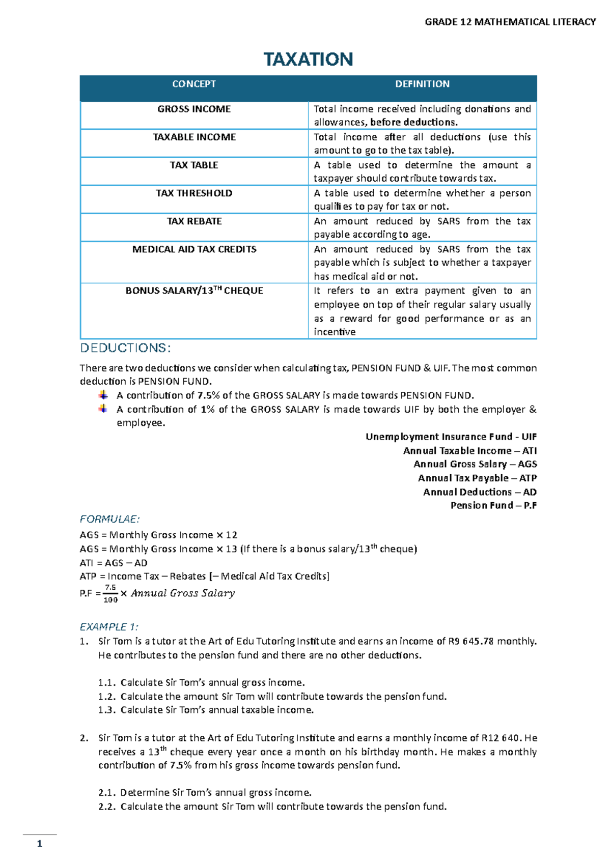 GRADE 12 MATHEMATICAL LITERACY TAXATION & INCOME CONCEPTS NOTES - Studocu
