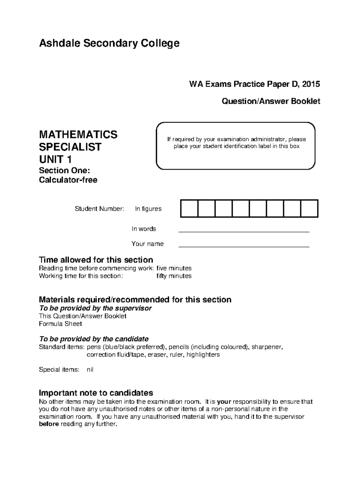 WAEP 2015 MATHEMATICS SPECIALIST UNIT 1 PRACTICE PAPER D SOLUTIONS ...
