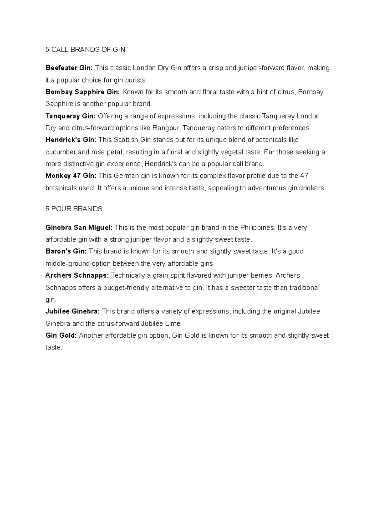 5 CALL BRANDS OF GIN - LECTURE NOTES ON POPULAR GINS - Studocu