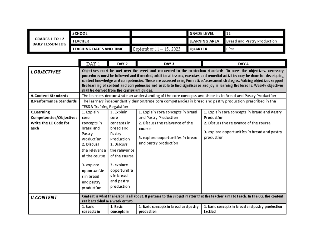 BPP 11 DLL Week 1: Daily Lesson Plans for Bread and Pastry Production ...