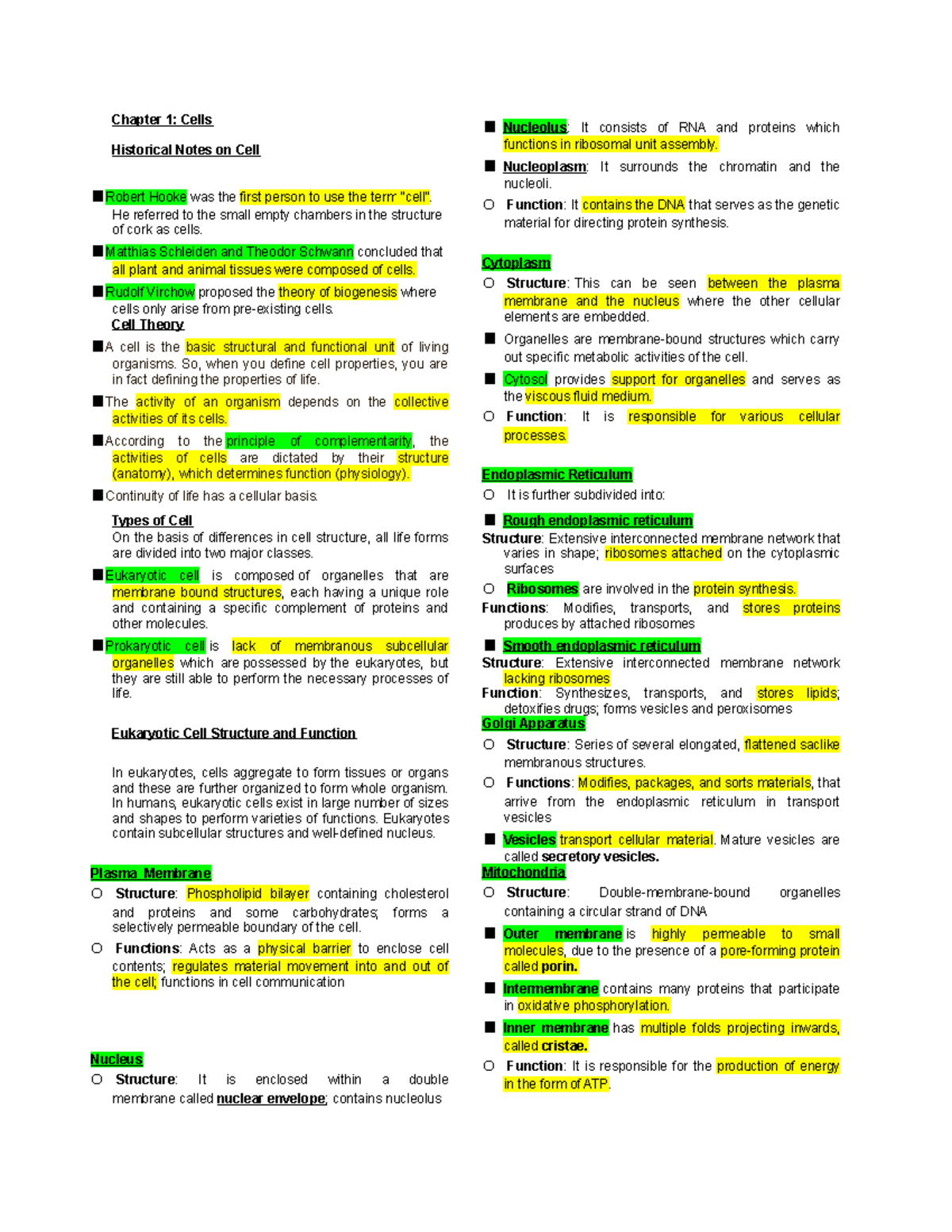 Biochem 101: Preliminary Notes on Cell Structure & Function - Studocu