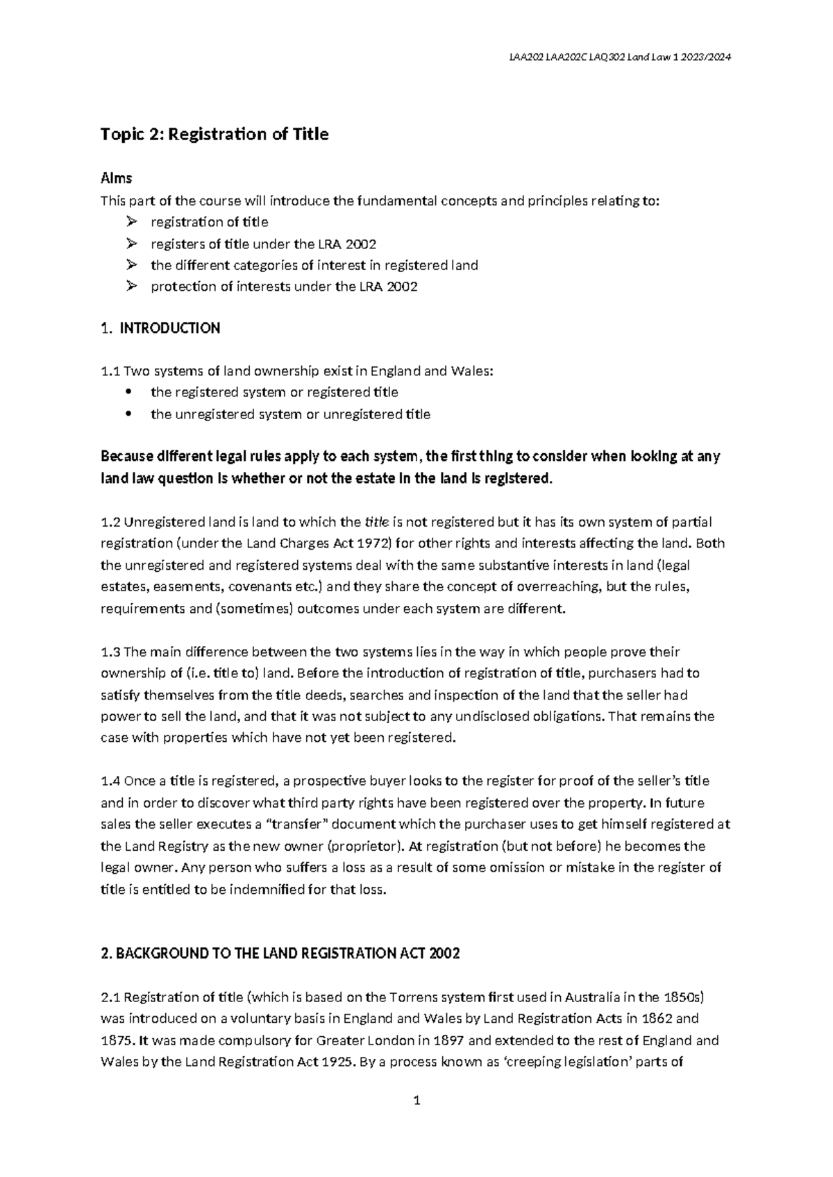 LAA202 Land Law 1: Principles of Registration of Title Overview - Studocu