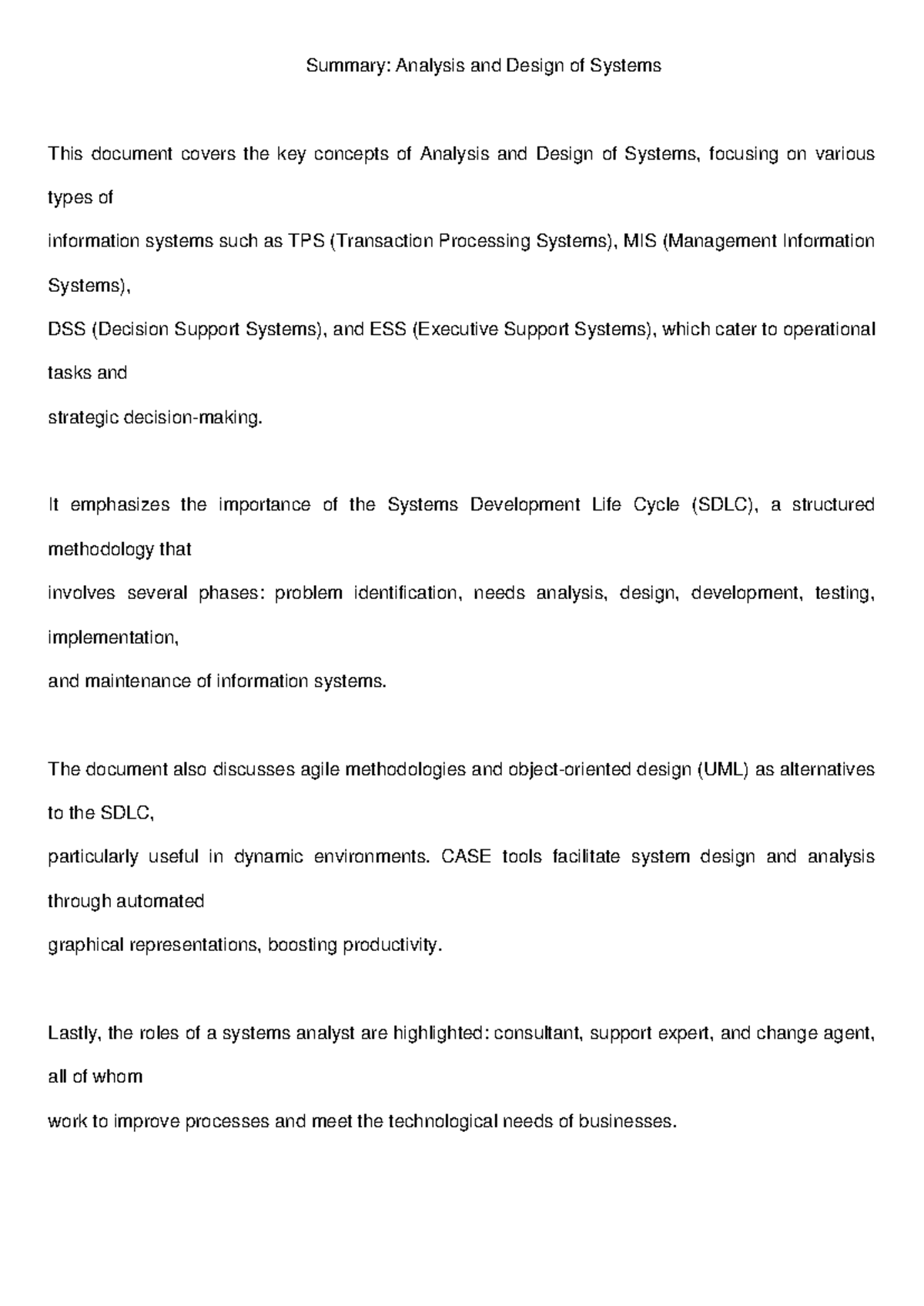 Analysis and Design of Systems Summary - Summary: Analysis and Design ...