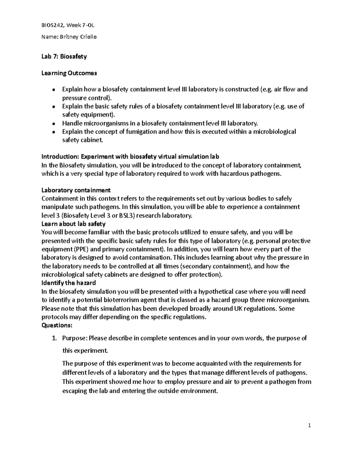 OL Biosafety-1: Lab 7 Simulation & Safety Protocols Overview - Studocu