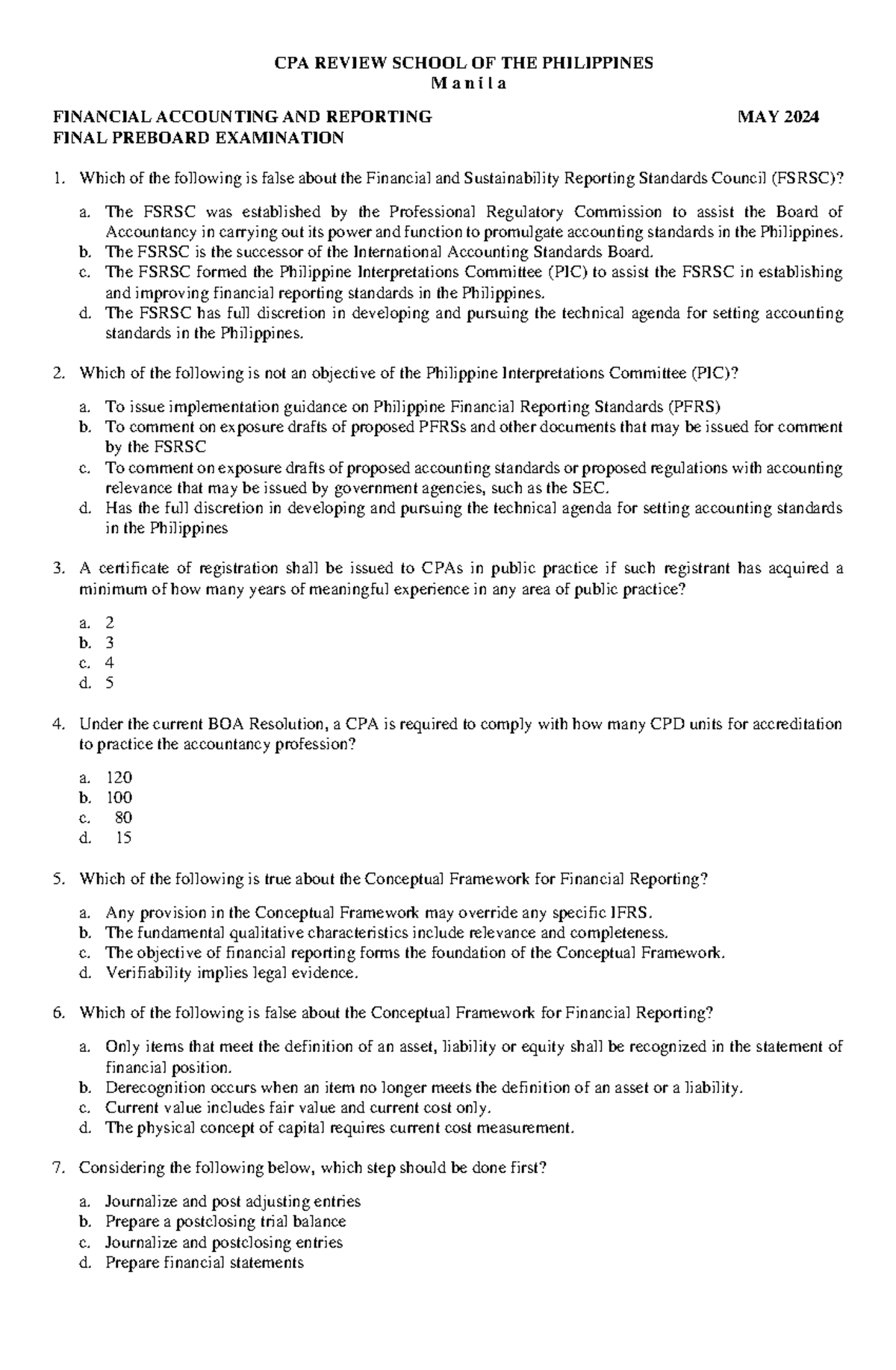 CPAR 95 FAR Final Preboard Exam Answer Key - May 2024 - Studocu