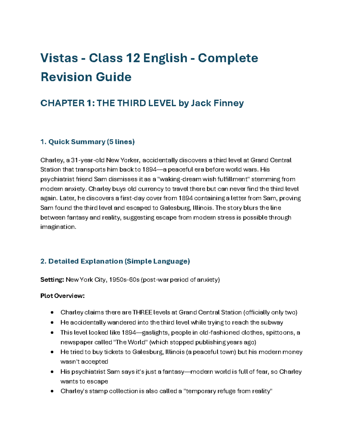 Class 12 English Revision Guide: The Third Level & Key Themes - Studocu