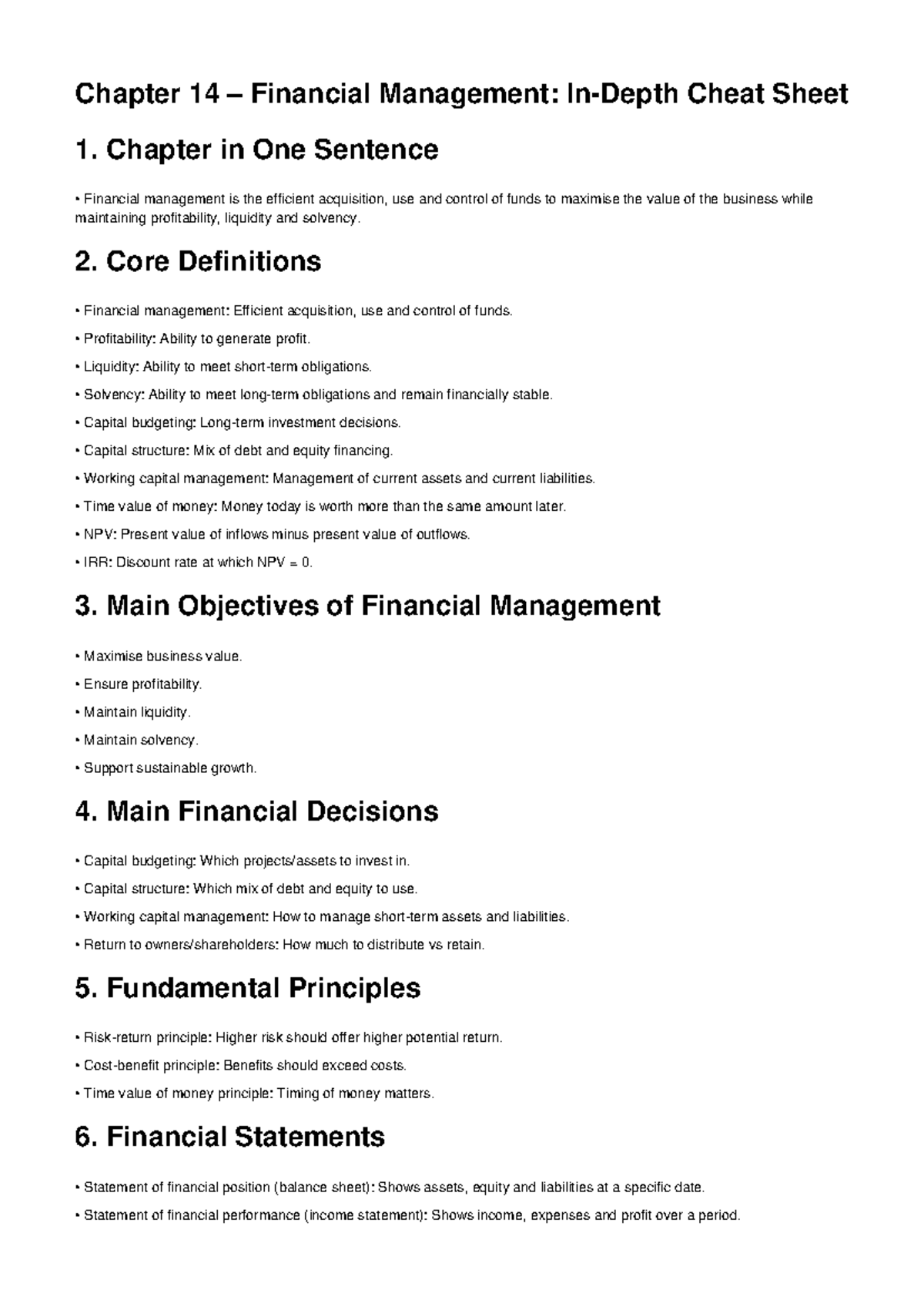 Chapter 14 Financial Management: Key Concepts & Cheat Sheet - Studocu