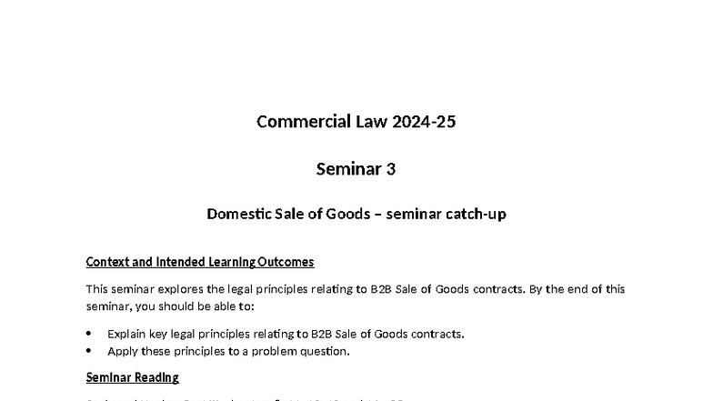 Commercial Law Seminar 4: B2B Sale of Goods Overview and Key Outcomes ...
