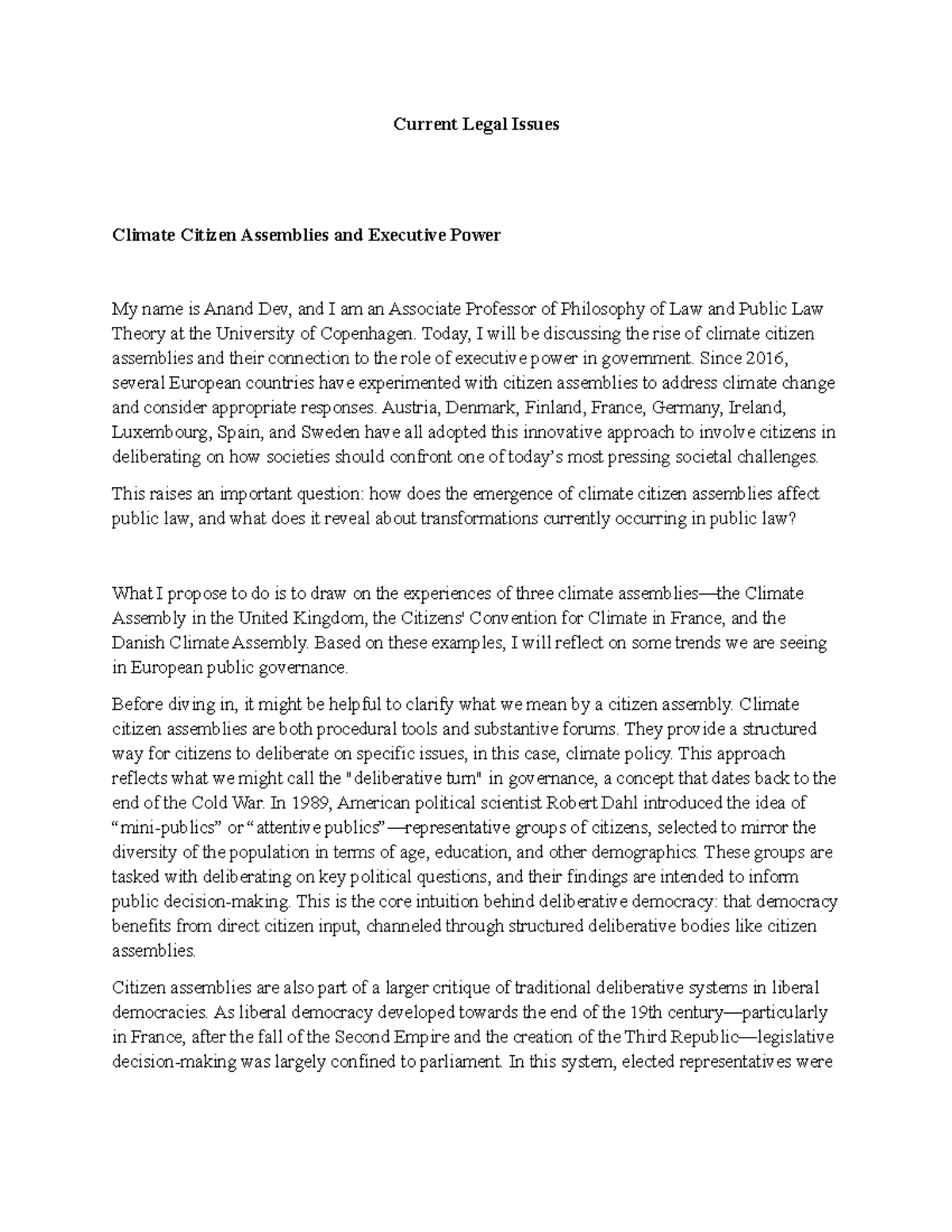 Current Legal Issues - Current Legal Issues Climate Citizen Assemblies ...