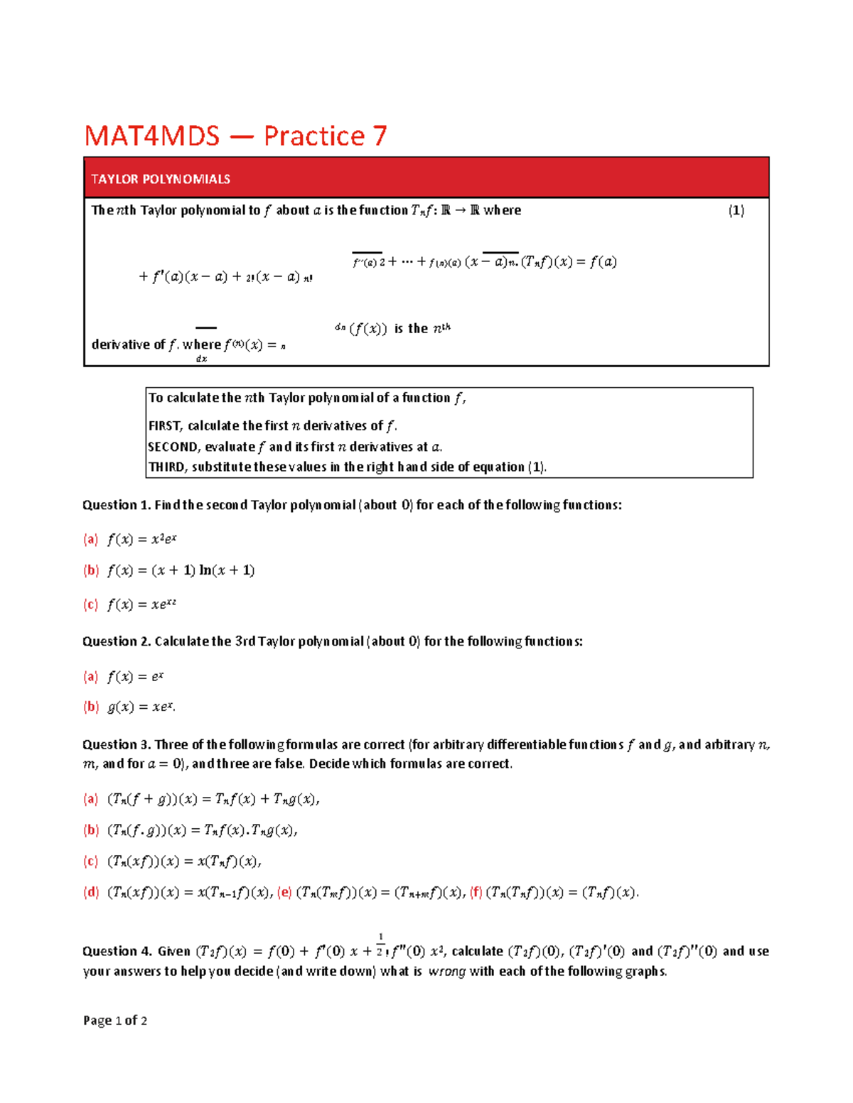 MAT4MDS — Taylor Polynomials Practice Questions and Solutions - Studocu