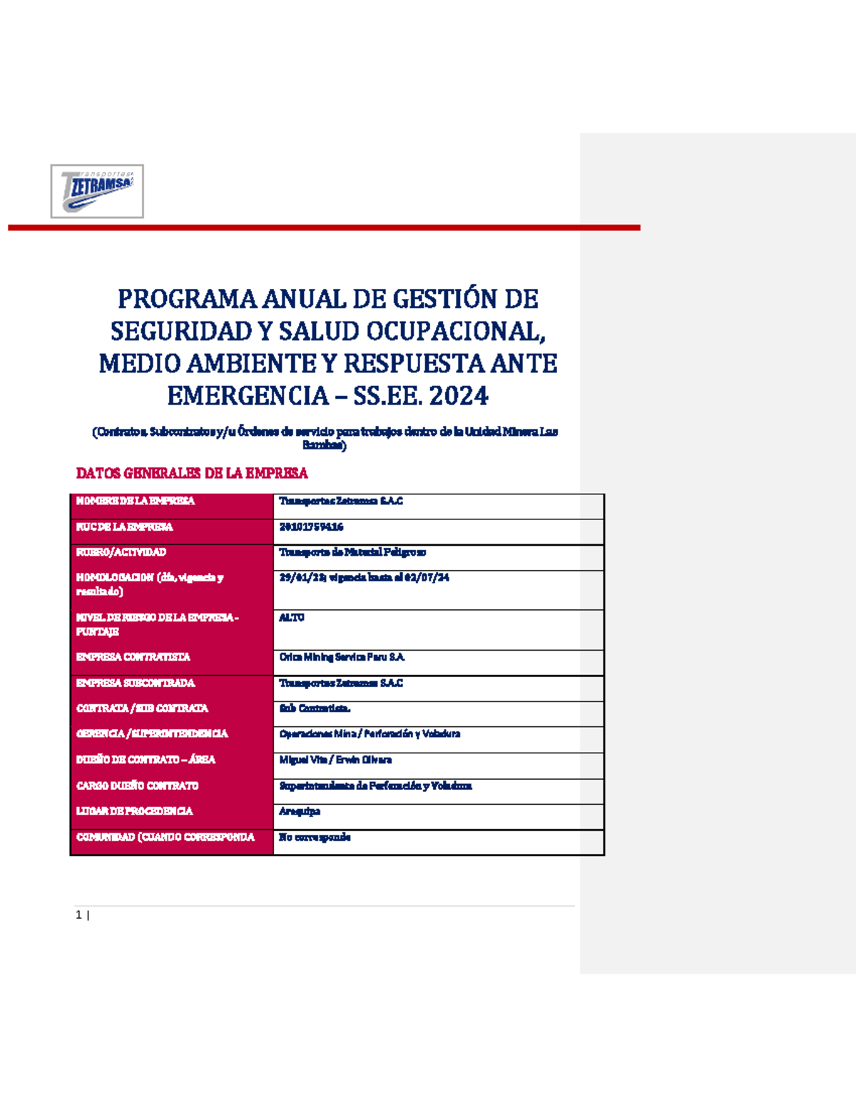 Plan Anual de Seguridad y Salud Ocupacional 2024 - Zetramsa S.A.C ...